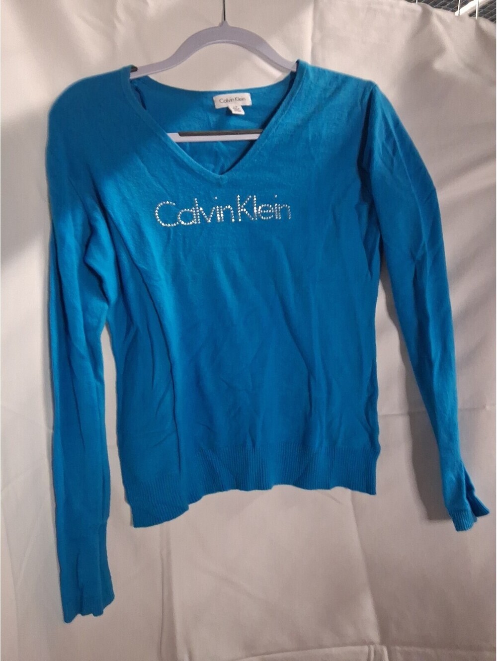 Calvin Klein Women's Long Blue Sleeveshirt Size Small Rhinestone Logo O2